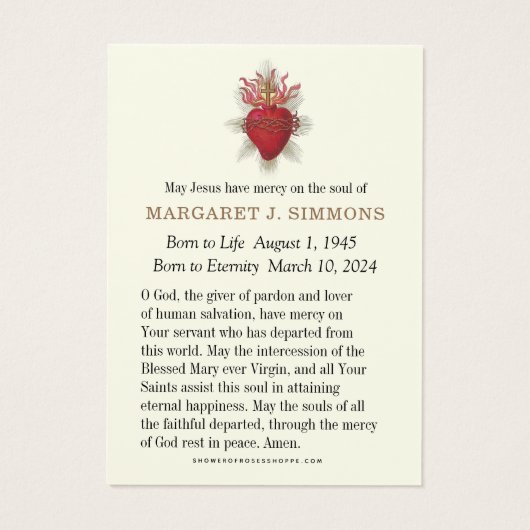 Katholieke rouwkaart met herdenkingsgebed visitekaartje (Achterkant)