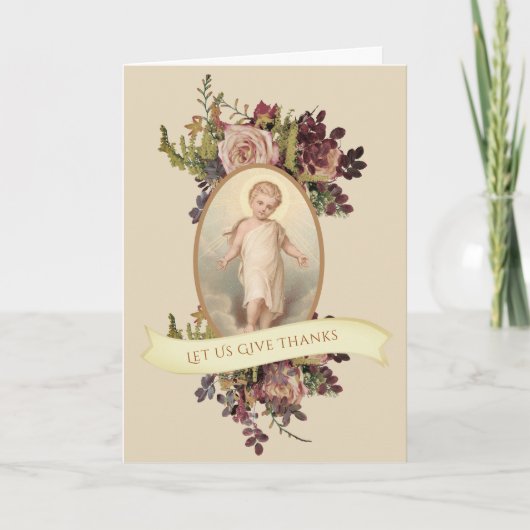 Katholieke Thanksgiving Kind Jesus Floral Spray Feestdagen Kaart (Voorkant)