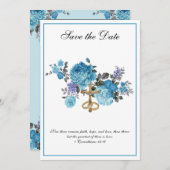 Katholieke Trouwblauw Bloemig Religieus Save The Date (Voorkant / Achterkant)