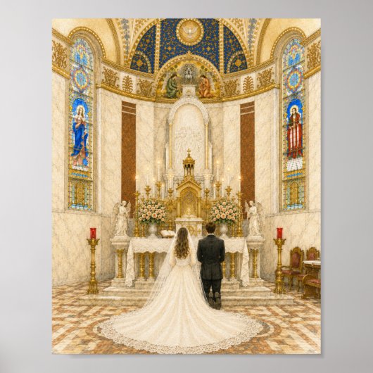 Katholieke trouwerij bruid & bruidegom in de kerk poster (Voorkant)