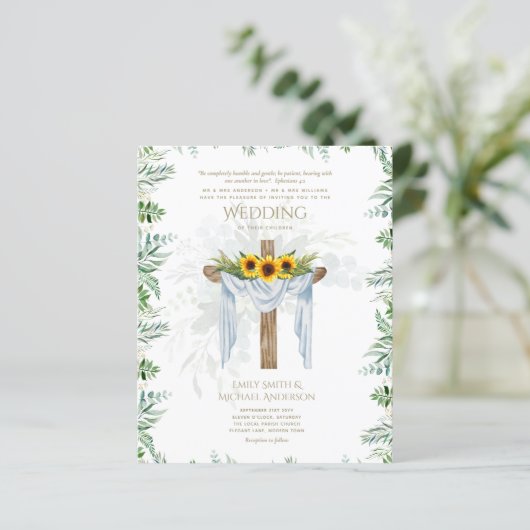 KATHOLIEKE Trouwkaart Zonnebloemen Kruis (Staand voorkant)