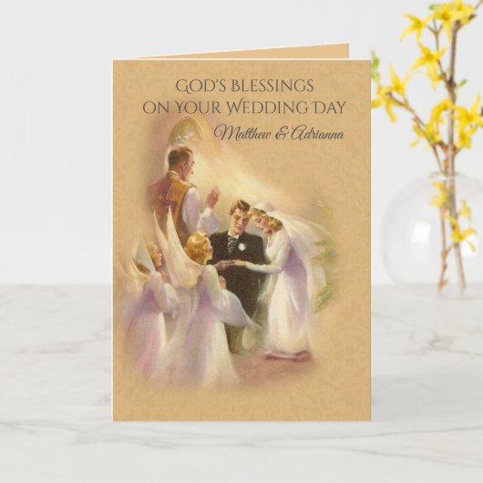 Katholieke Trouwpriester Engelen Bruid Bruidegom Kaart (Gele Bloem)