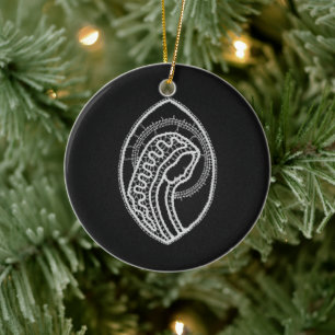 Katholieke Zegenende Maagd Maria Witte Kant op Zwa Keramisch Ornament