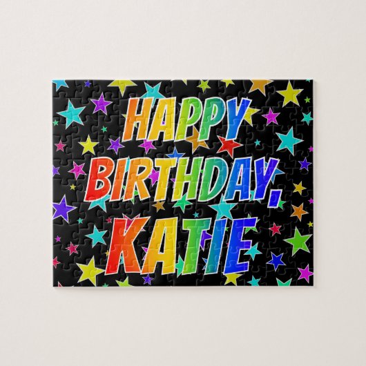 "KATIE" voornaam, geun "HAPPY BIRTHDAY" Legpuzzel (Horizontaal)