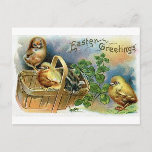 Katje, Kuikens & Klaver Vintage Pasen Feestdagenkaart (Voorkant)