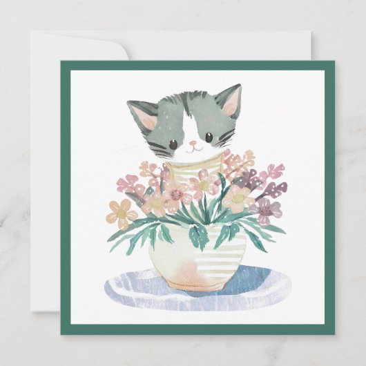 katje zit in een bloempot Moederdag kat Kaart (Voorkant)