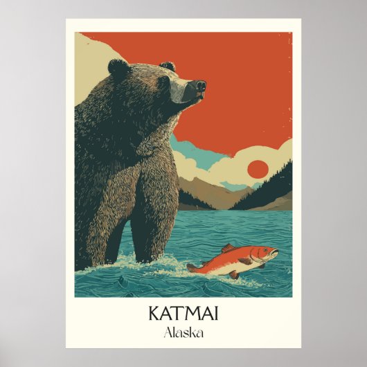 Katmai Alaska Beer Vissen Zalm Poster (Voorkant)