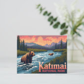 Katmai Bears Fishing River Vintage Art Briefkaart (Staand voorkant)