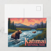 Katmai Bears Fishing River Vintage Art Briefkaart (Voorkant / Achterkant)