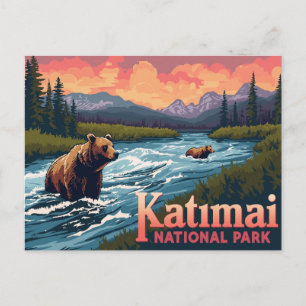 Katmai-beren die vissen in rivier vintage kunst briefkaart