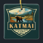 Katmai Nationaal Park Illustratie Retro Badge Keramisch Ornament<br><div class="desc">Katmai vectorkunstwerk ontwerp. De vallei van de Tienduizenden roken is een gebied van lavesprongen en as gevormd door een enorme vulkaanuitbarsting</div>