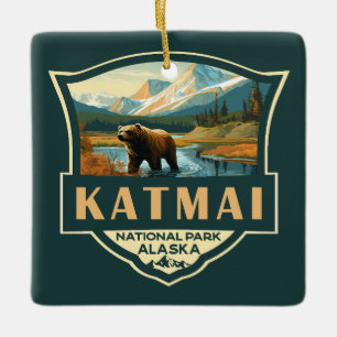 Katmai Nationaal Park Illustratie Retro Badge Keramisch Ornament