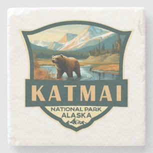 Katmai Nationaal Park Illustratie Retro Badge Stenen Onderzetter