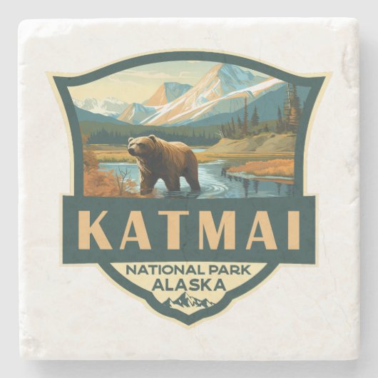 Katmai Nationaal Park Illustratie Retro Badge Stenen Onderzetter (Voorkant)