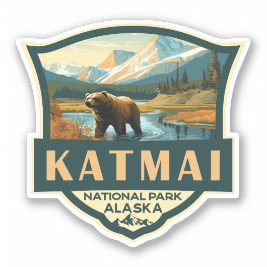 Katmai Nationaal Park Illustratie Retro Badge Sticker (Voorkant)