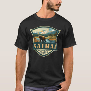 Katmai Nationaal Park Illustratie Retro Badge T-shirt