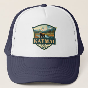 Katmai Nationaal Park Illustratie Retro Badge Trucker Pet