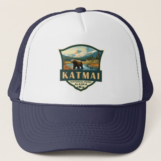 Katmai Nationaal Park Illustratie Retro Badge Trucker Pet (Voorkant)