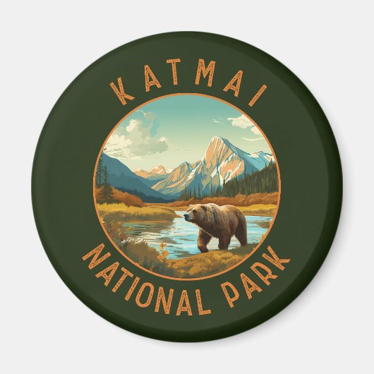 Katmai National Park Beer Retro Distress Circle Magneet (Voorkant)