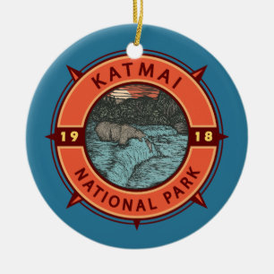Katmai National Park Grizzly Beer Retro Compass Keramisch Ornament
