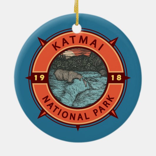 Katmai National Park Grizzly Beer Retro Compass Keramisch Ornament (Achterkant)