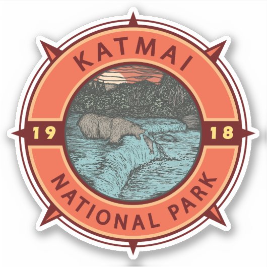 Katmai National Park Grizzly Beer Retro Compass Sticker (Voorkant)