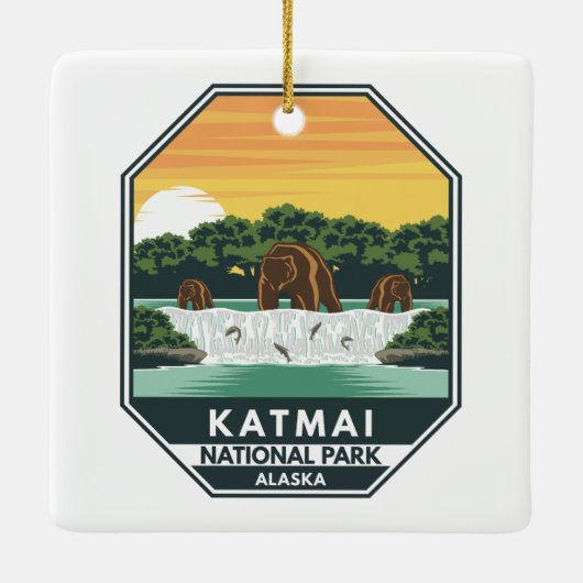 Katmai National Park Grizzly Beren Retro Emblem Keramisch Ornament (Achterkant)