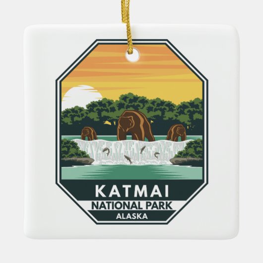Katmai National Park Grizzly Beren Retro Emblem Keramisch Ornament (Voorkant)