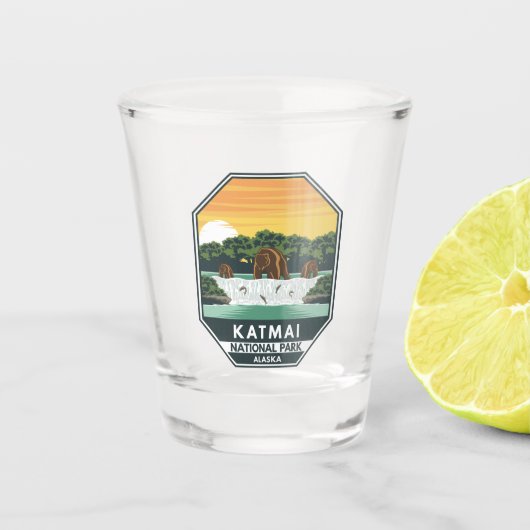 Katmai National Park Grizzly Beren Retro Emblem Shot Glas (Voorkant)