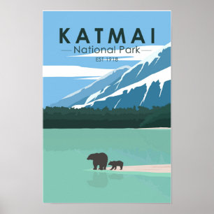 Katmai National Park Grizzlyberen Vintage Poster