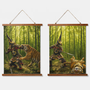 Kato Kiyomasa Samurai en Tijger Twee-Paneel Muur T Hangend Wandkleed