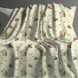 Katoen beige botanische rode champignons fleece deken