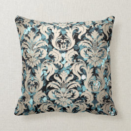 Katoen Blauwgroen Aquatic Silver Damask Sepia Sequ Kussen