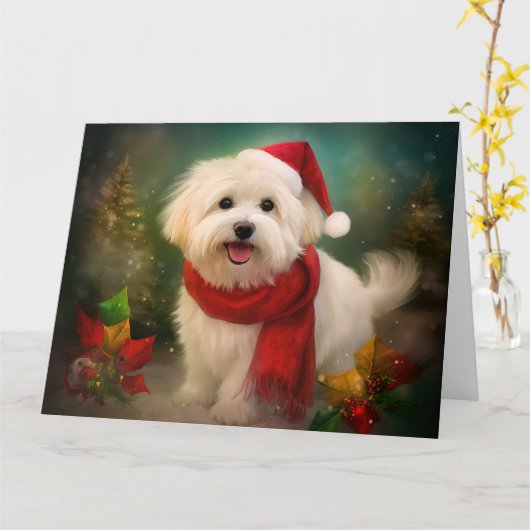 Katoen De Tulear Hond in Sneeuw Kerstmis Kaart (Gele Bloem)