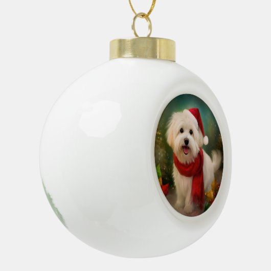 Katoen De Tulear Hond in Sneeuw Kerstmis Keramische Bal Ornament (Links)