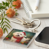 Katoen De Tulear Hond in Sneeuw Kerstmis Sleutelhanger (Voorkant Rechts)