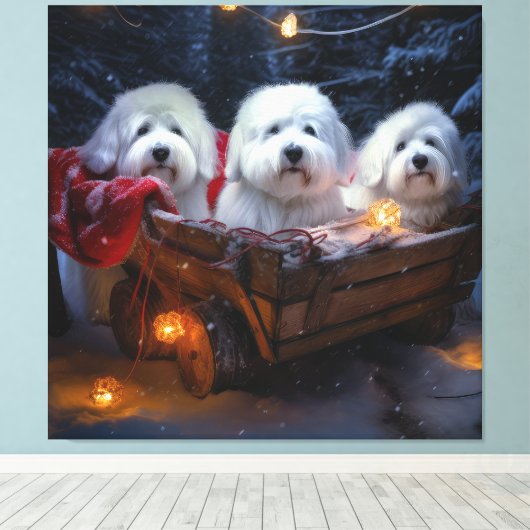Katoen De Tulear Sneeuwslee Kerstdecoratie Canvas Afdruk (Insitu (Houten vloer))