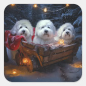 Katoen De Tulear Sneeuwslee Kerstdecoratie Vierkante Sticker (Voorkant)