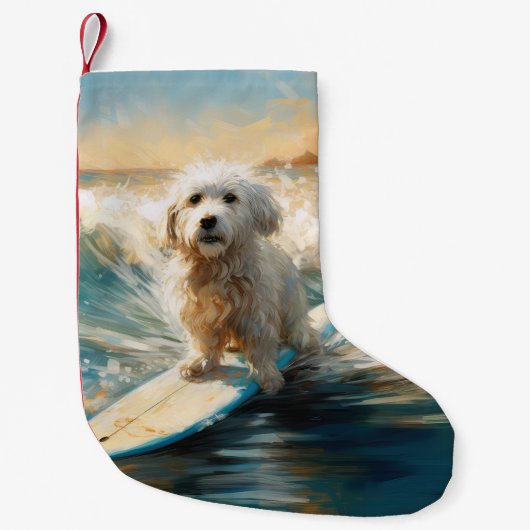 Katoen De Tulear Strand Surfen Schilderij Kleine Kerstsok (Voorkant)