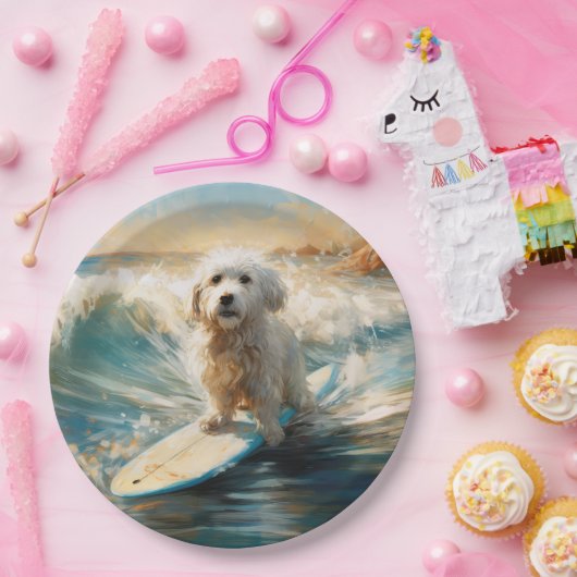 Katoen De Tulear Strand Surfen Schilderij Papieren Bordje (Feest)