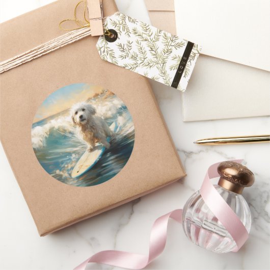 Katoen De Tulear Strand Surfen Schilderij Ronde Sticker (Geschenken)