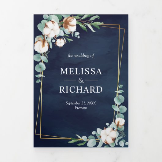 Katoen Eucalyptus All in One Navy Blue Weddenschap Drieluik Uitnodiging (Cover)