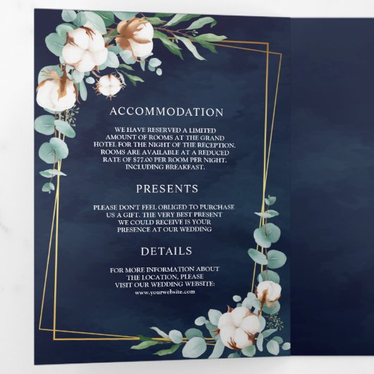 Katoen Eucalyptus All in One Navy Blue Weddenschap Drieluik Uitnodiging (Binnenzijde eerst)