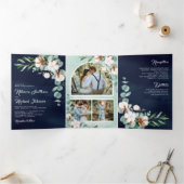 Katoen Eucalyptus Foto Collage Navy Blue Weddensch Drieluik Uitnodiging (Binnen)