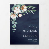 Katoen Eucalyptus Foto Collage Navy Blue Weddensch Drieluik Uitnodiging (Cover)