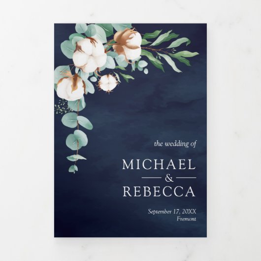 Katoen Eucalyptus Foto Collage Navy Blue Weddensch Drieluik Uitnodiging (Cover)