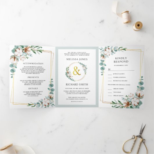 Katoen Eucalyptus Goud Lijst Alles in een bruiloft Drieluik Uitnodiging (Binnen)