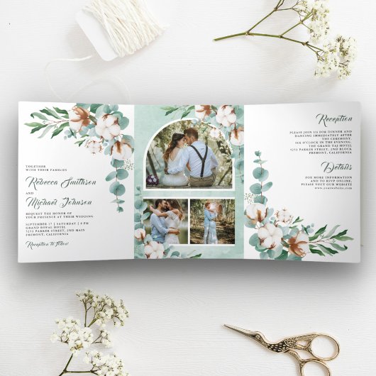 Katoen Eucalyptus Photo Collage All-in-One Weddens Drieluik Uitnodiging
