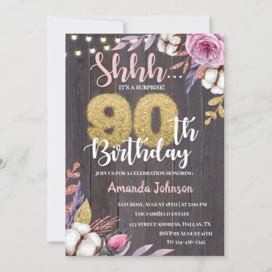 Katoen Floral Rustic Wood 90th Birthday Uitnodigin Kaart (Voorkant)