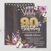 Katoen Floral Rustic Wood 90th Birthday Uitnodigin Kaart (Voorkant / Achterkant)
